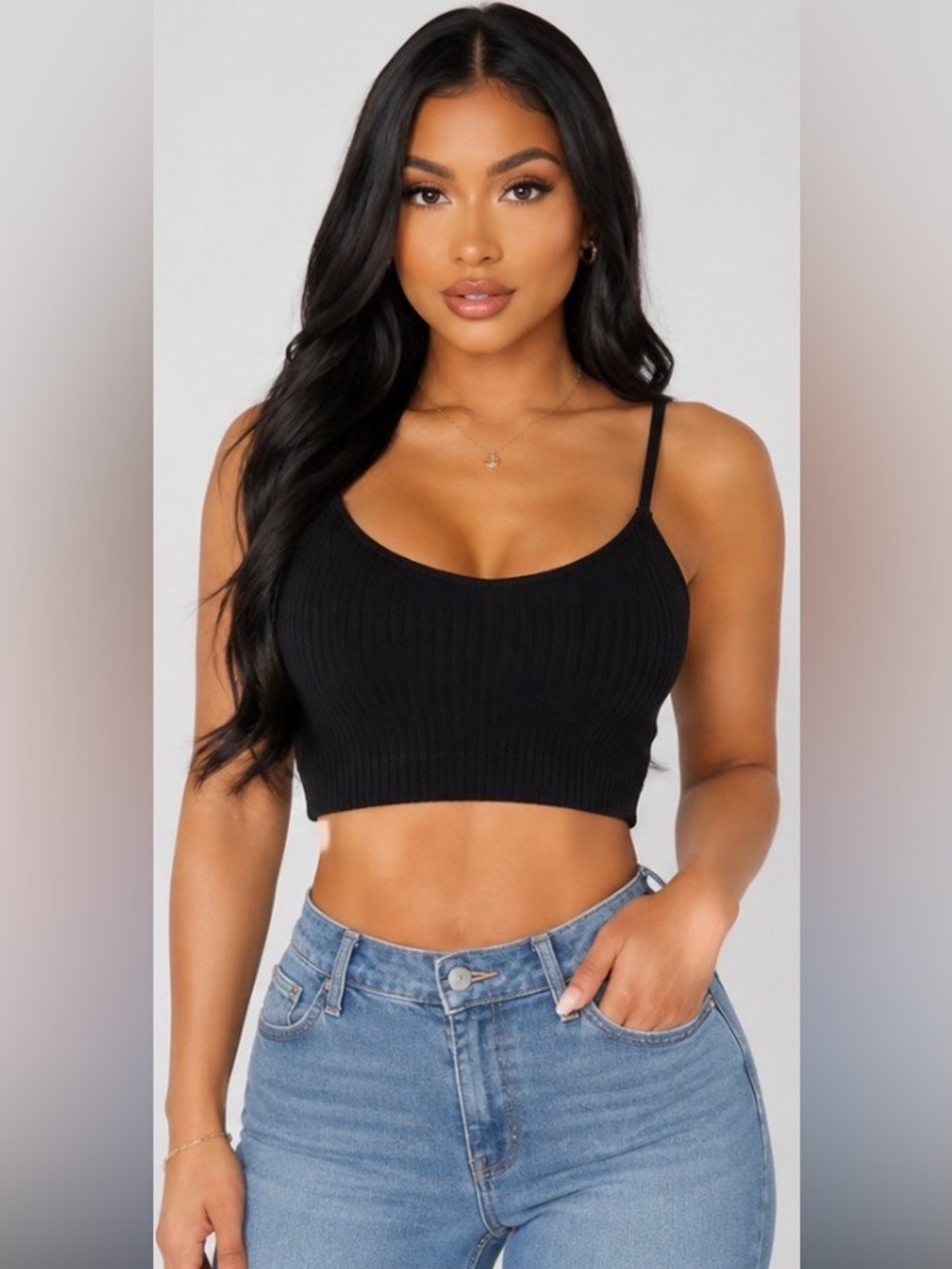 Aerie Black Ribbed Cropped Cami Bralette Top Adjustable Straps Size Small S/P